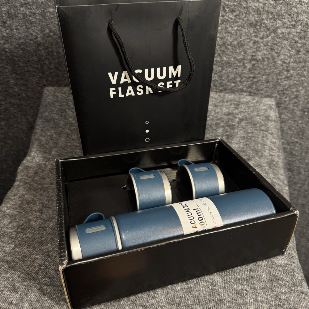 Vacuum Flask Set 3 Blue 500ml Insulated Bottles Hot Cold 12 Hour Gift Set